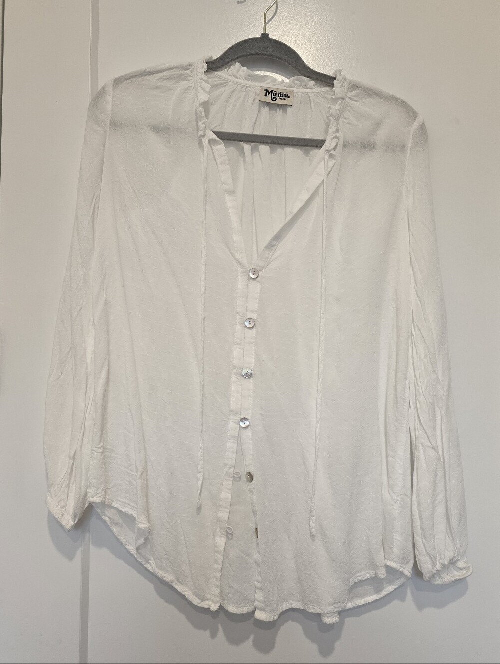 Show Me Your Mumu Lightweight White Button-Front Women's Top with Tie Neck